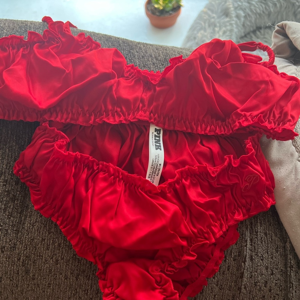 PINK Victoria's Secret Red Ruffled Bra Set